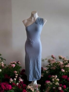 One-Shoulder Light Blue Floral Appliqué Midi Dress